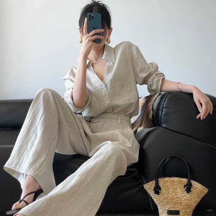 Breathable Shirt And Versatile Wide-Leg Pants Two-Piece Set For Women
