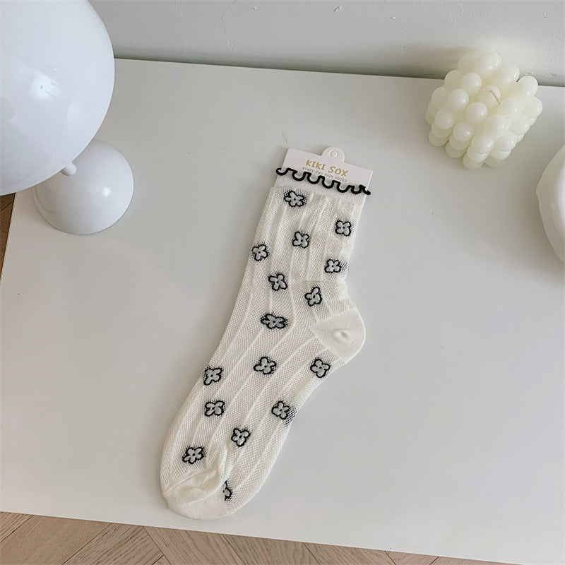 Mesh Stockings Children's College Style Wooden Ear Vertical Stripes Small Flower Tube Socks