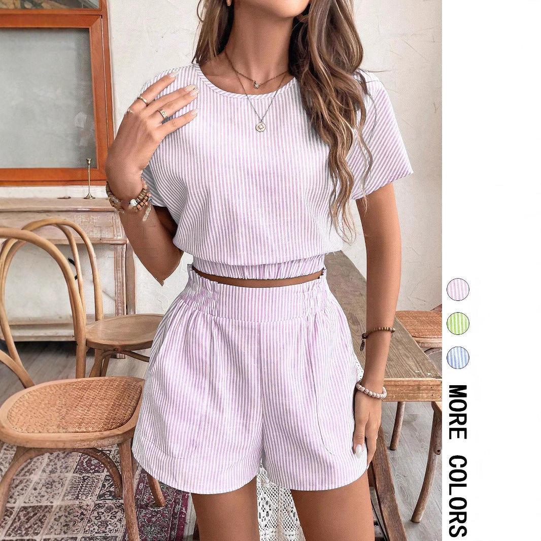 Summer Stripes Printed Batwing Sleeve Short Top And Shorts