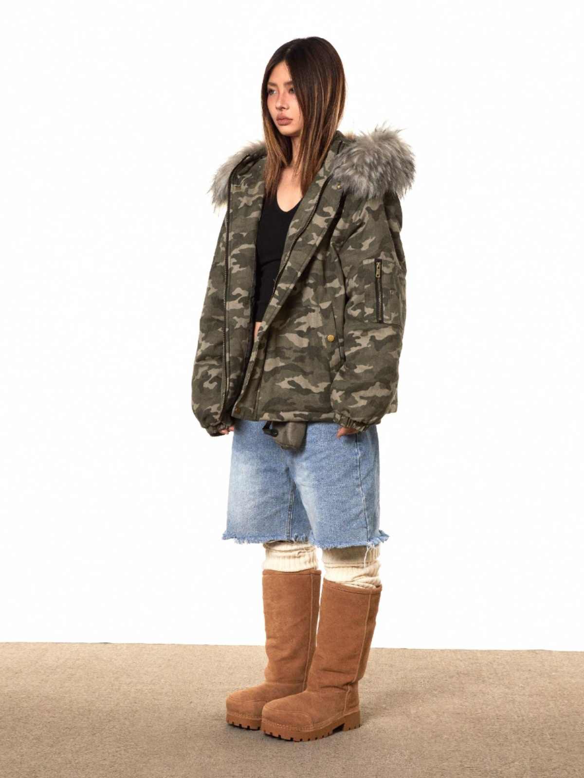Hooded Loose Camouflage Fur Collar Detachable Cotton Jacket