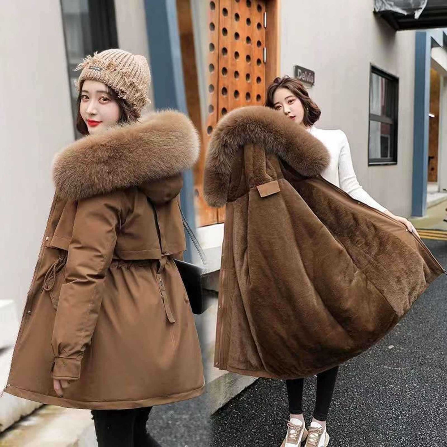 Long Style Large Fur Collar Fleece Lined Cotton Jacket Down Cotton Coat Outerwear