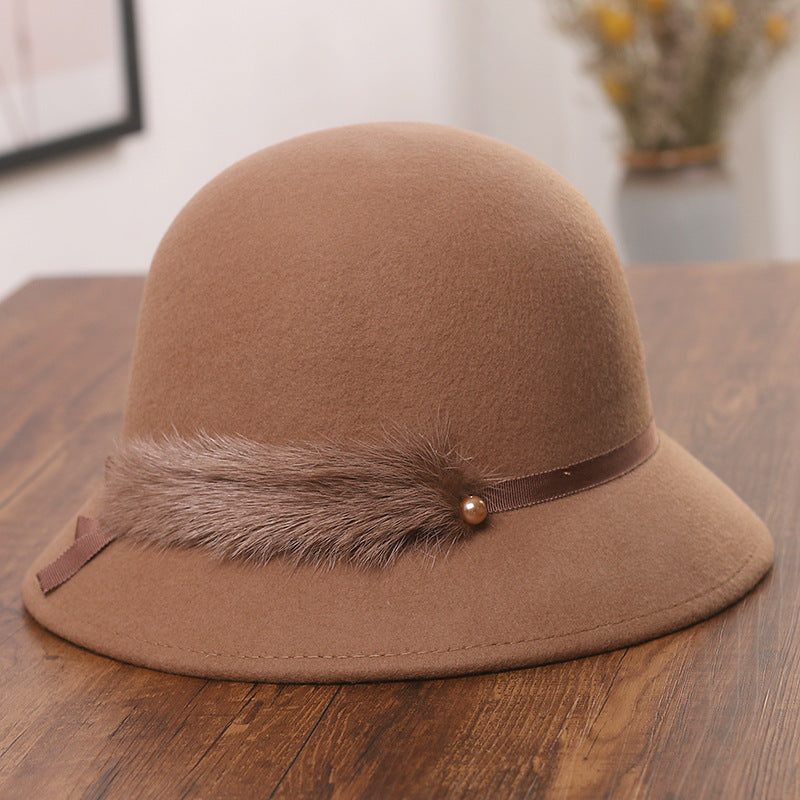 Hat Female Mink Fur Decoration Woolen Bowler Hat Korean All-match Warm Bucket Hat