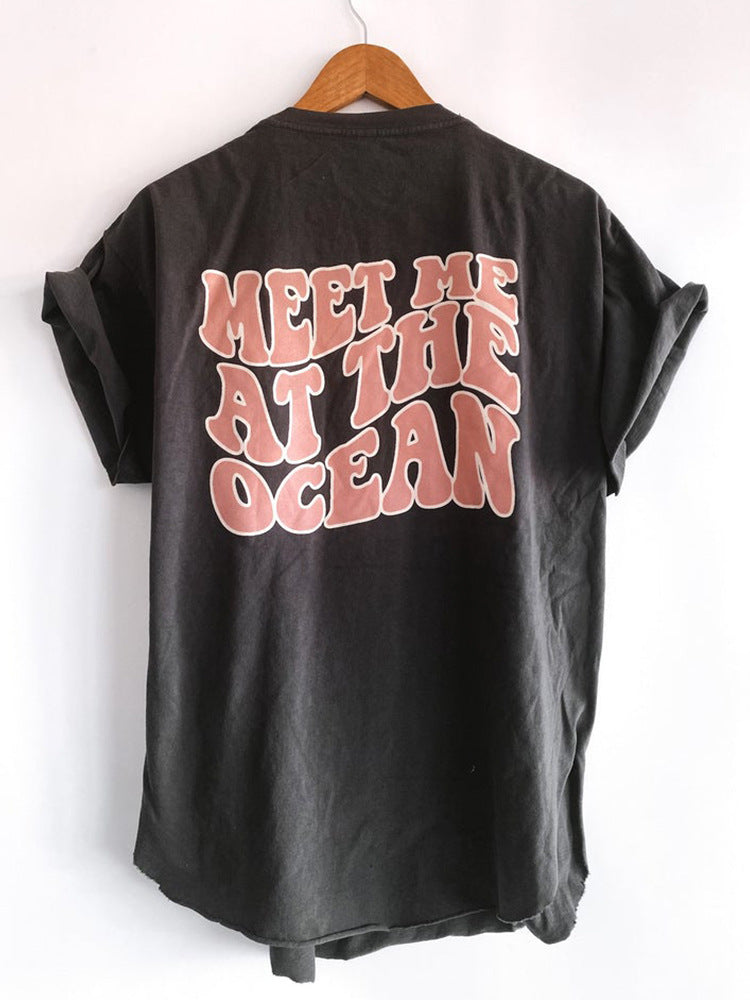 Letters MEET ME AT THE OCEAN Print Short Sleeve T-Shirt