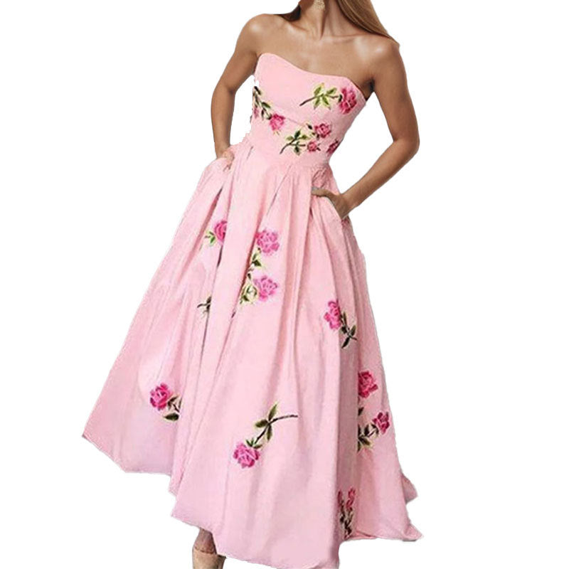 Fitted Sleeveless Dress With A Bandeau Neckline And A Digital Floral Print
