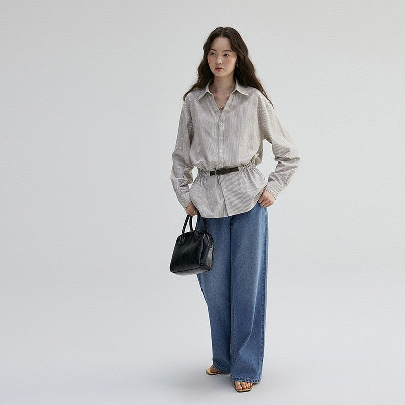 V-neck Waist-cinching Striped Loose Shirt For Women