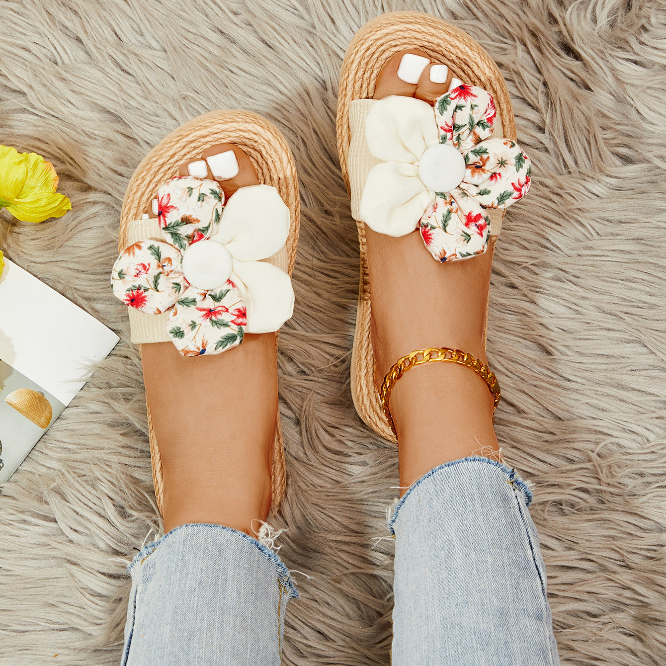 Women's Rope Bottom Stitching Floral Fashion Casual Slippers