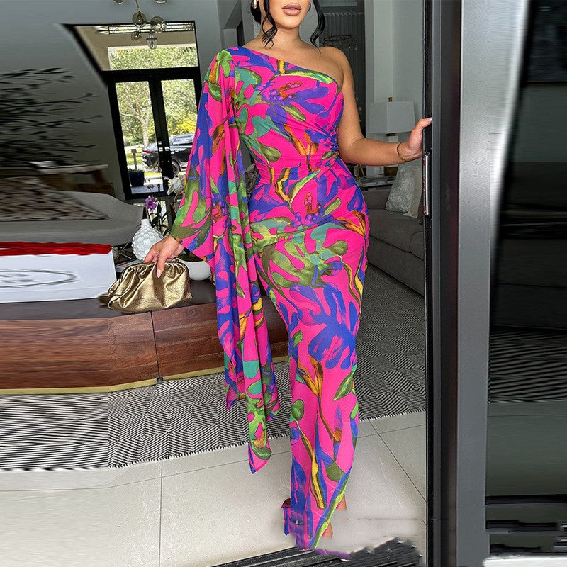 Womens Off-shoulder Printed Slim-fit Dress