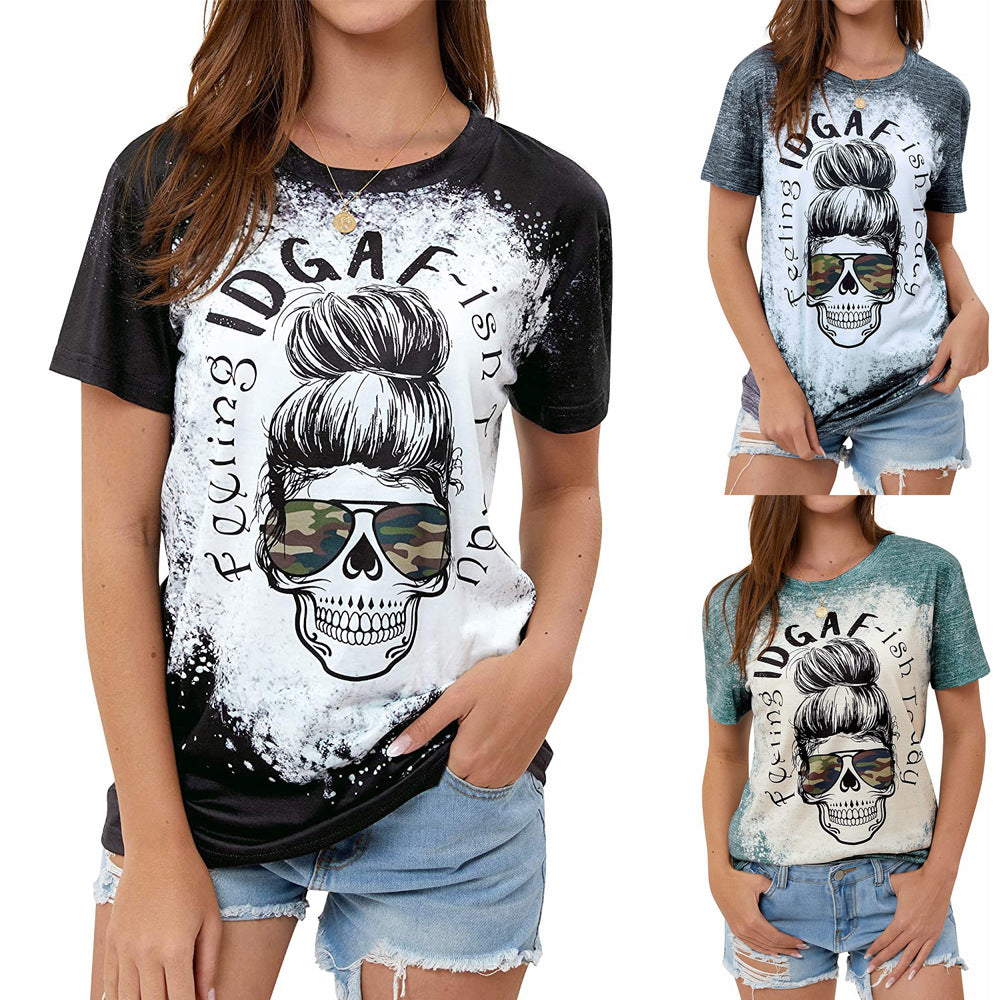 Skull Print Crew Neck Short Sleeve Blouse