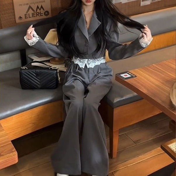New Stylish Lace-embellished Blazer And Pants Two-piece Set