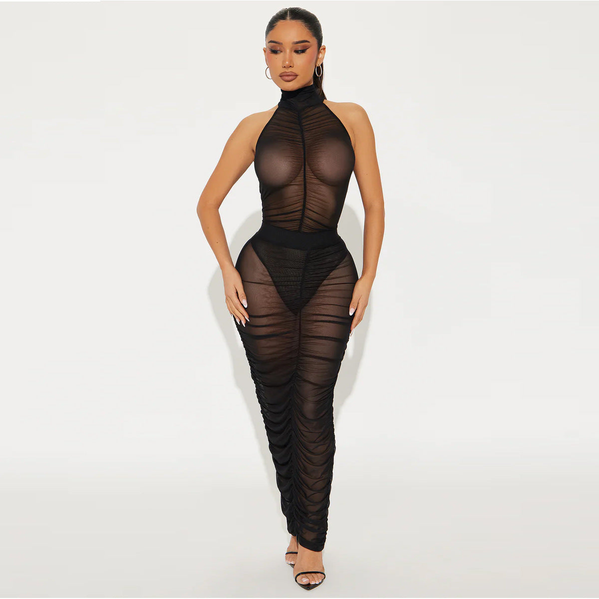 European And American Women's Clothing New Sexy Mesh See-through Sleeveless Leotard Pleated Skirt Two-piece Suit
