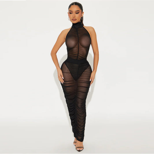 European And American Women's Clothing New Sexy Mesh See-through Sleeveless Leotard Pleated Skirt Two-piece Suit