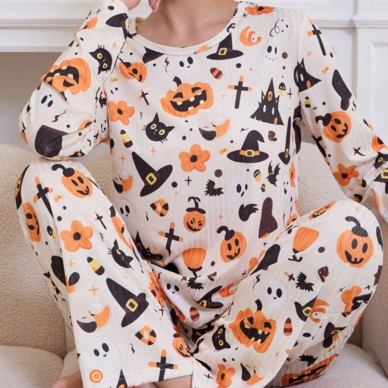 Halloween Cartoon Printed Long-sleeved Trousers Two-piece Suit Homewear