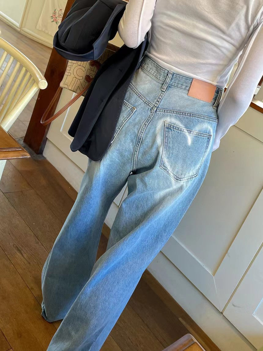 Alsidigt hjerteprintdesign slidt draperet vaskede jeans med vide ben
