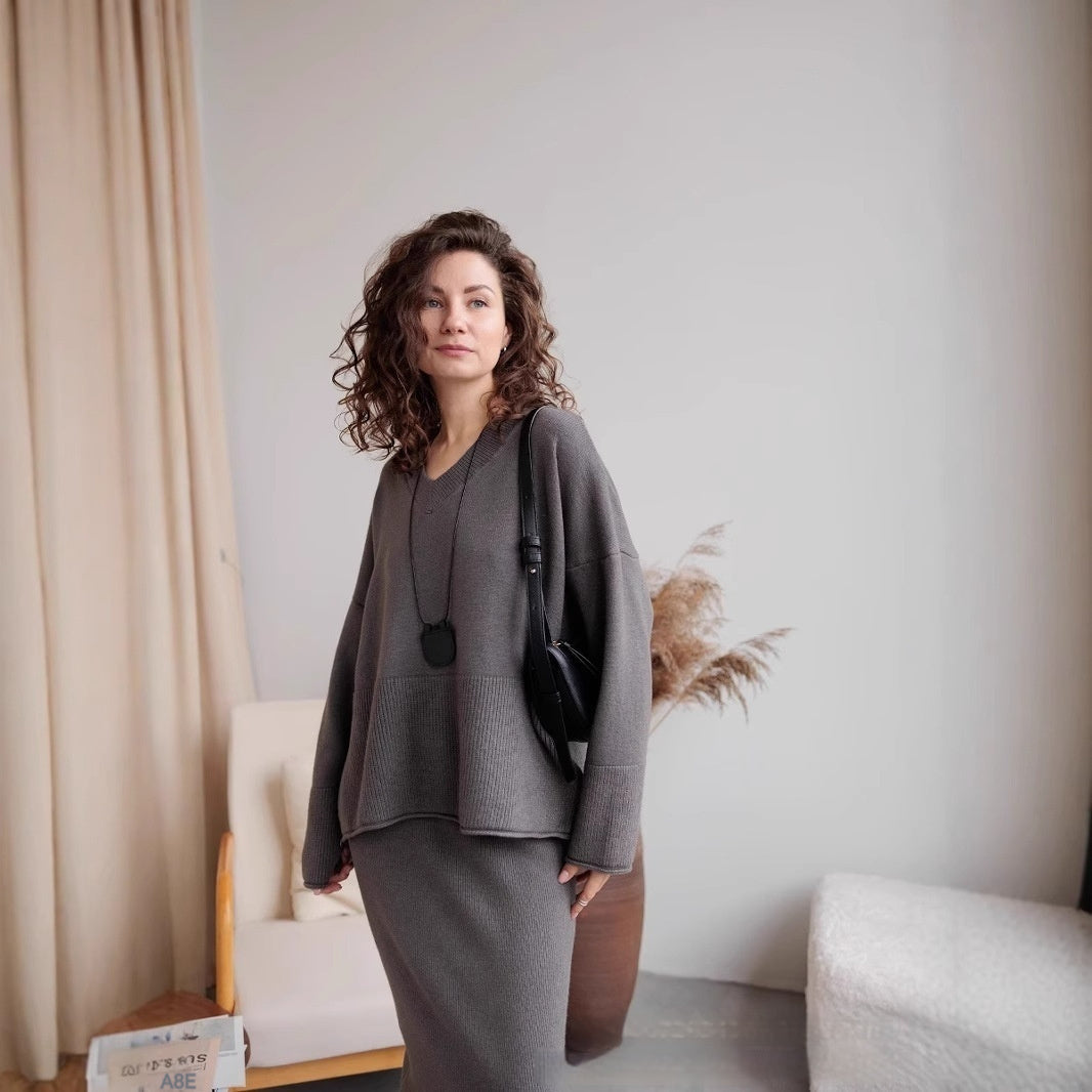 Split Sweater Suit Women's Knitted Blouse Skirt