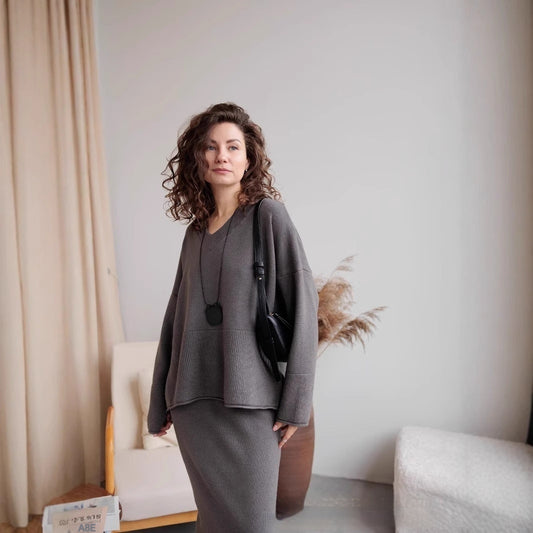 Split Sweater Suit Women's Knitted Blouse Skirt