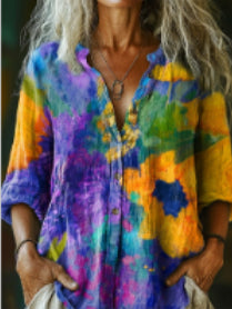 Women's Vintage Floral Texture Print Casual Cotton And Linen Shirt