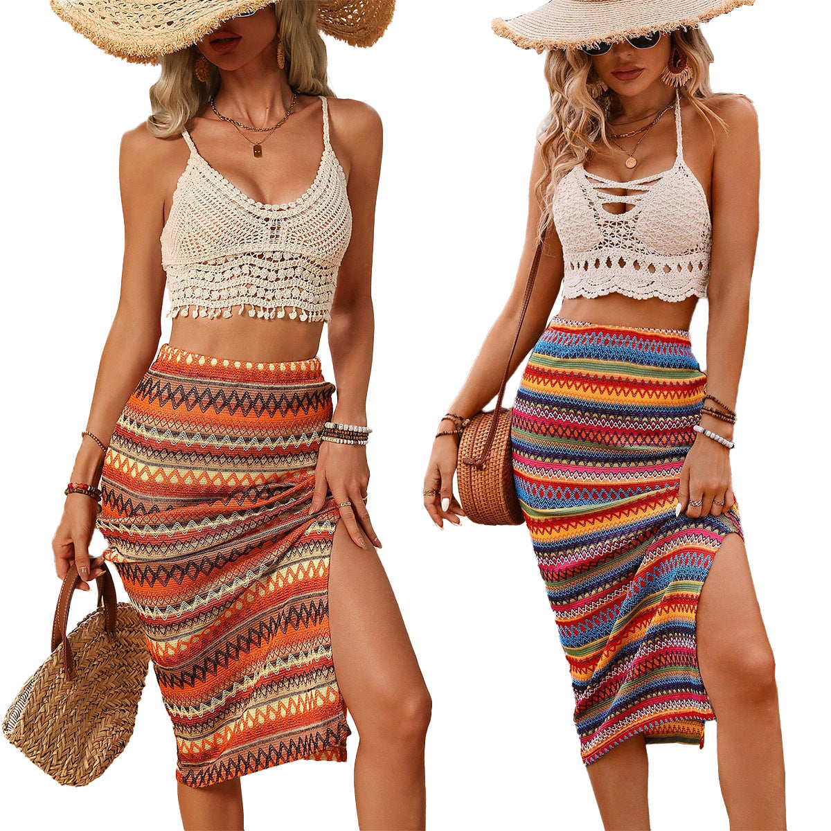 Bohemian Stretch Knit Jacquard Vacation-style Slit Skirt