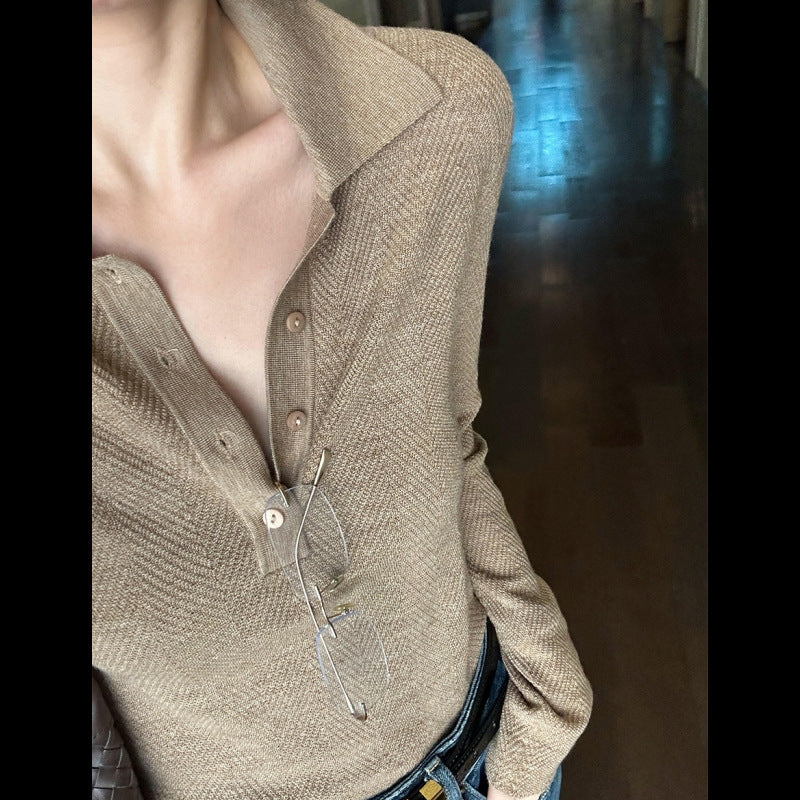 Khaki Polo-neck Fitted Womens Knit Top