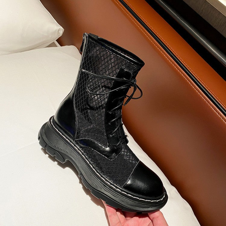 Short Martin Boots With Trifle Heel And Round Toe Front Lace-Up Back Zipper