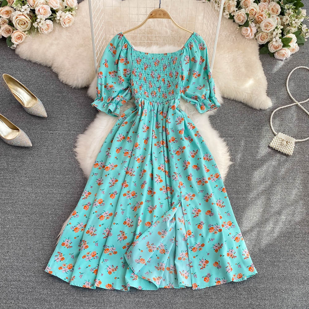 Bubble Short Sleeve Waist Wrapped Slim Split Dress
