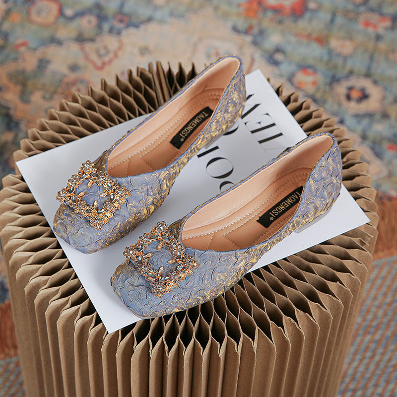 Women's Flat Bottom Shallow Mouth Square Toe Soft Leather Shoes