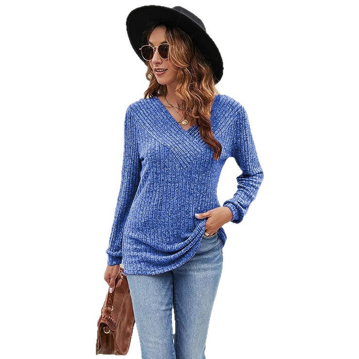 V-neck Casual Top Ribbed Pullover Hoodie For Women