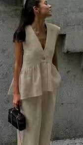 Womens Cotton V-Neck Sleeveless Vest And Wide-Leg Pants Set