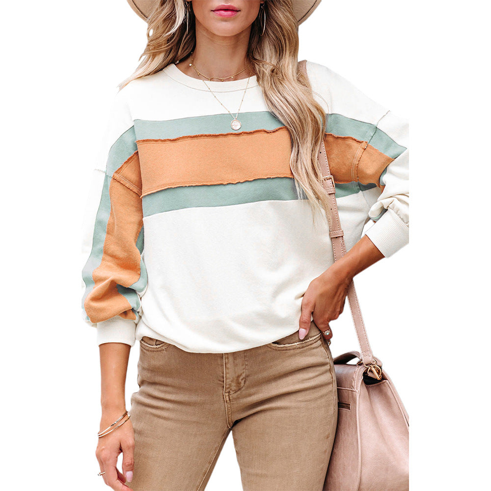 Stribet Strikket Sweater med Kontrastfarve og Lange Ærmer