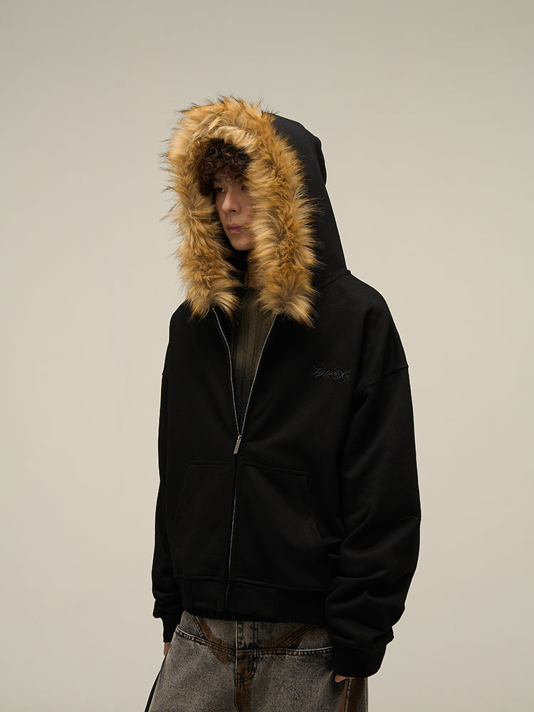 Vintage Fur Collar Couple Hooded Zip-up Jacket