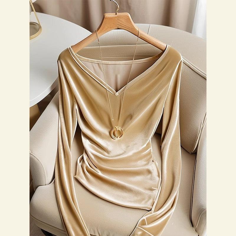Top Champagne V-neck Long Sleeve Pleuche Pleated Female Winter