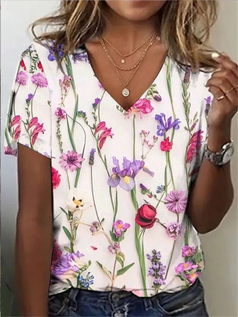 Women's Cotton Short-sleeved T-shirt V-neck Floral Print