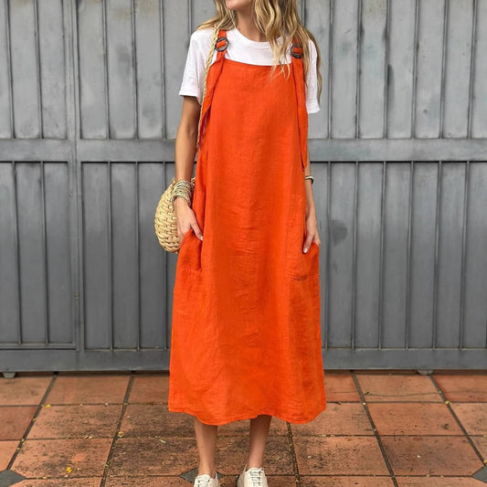 Summer Women's Adjustable Shoulder Strap Casual Cotton And Linen Dress