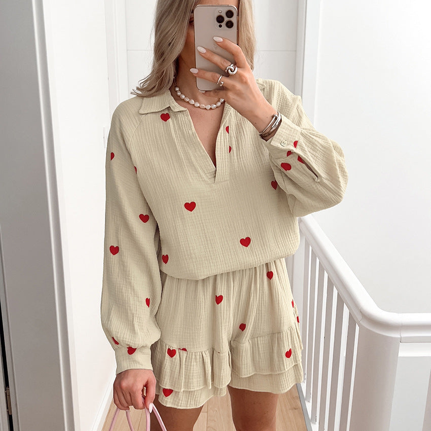 Casual Breathable Home Wear Heart-Printed Long-Sleeve Shorts Pajamas