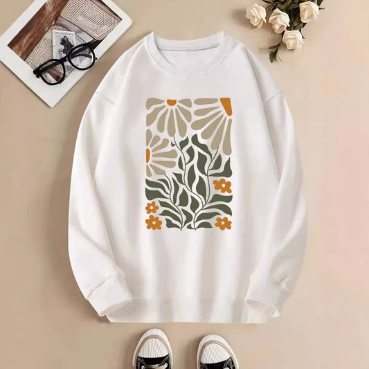 Rundhalset langærmet sweater til kvinder med blomster- og plantemotiv