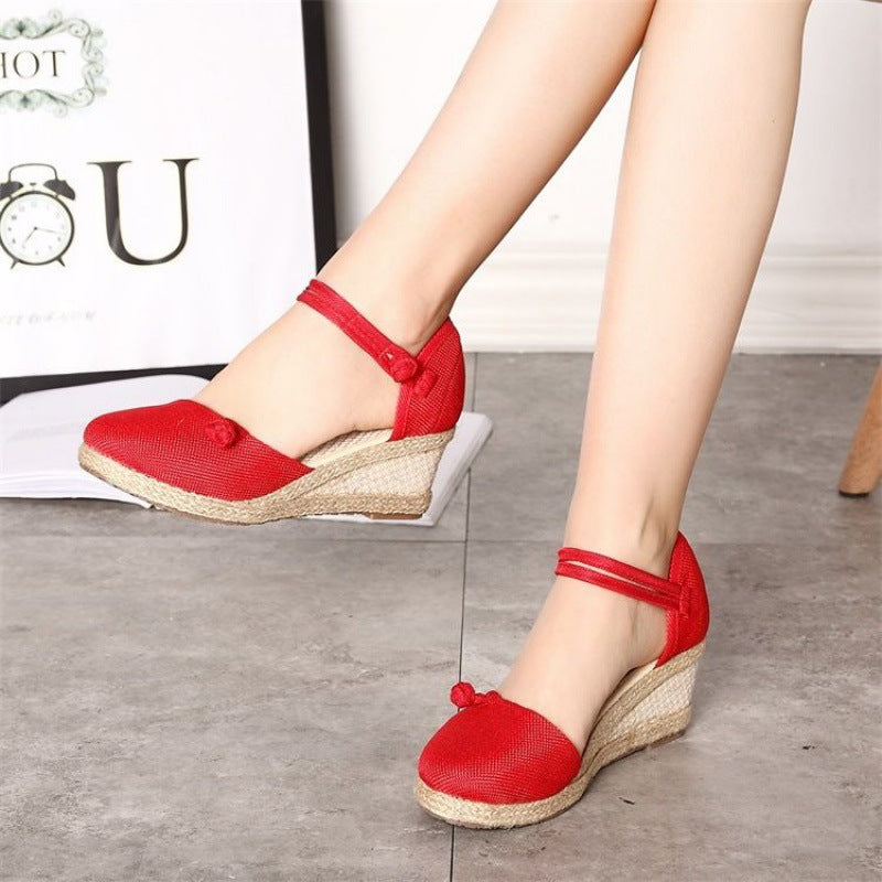 Wedge With Ethnic Style Women Embroidered Shoes, High-heeled Fish Mouth Sandals