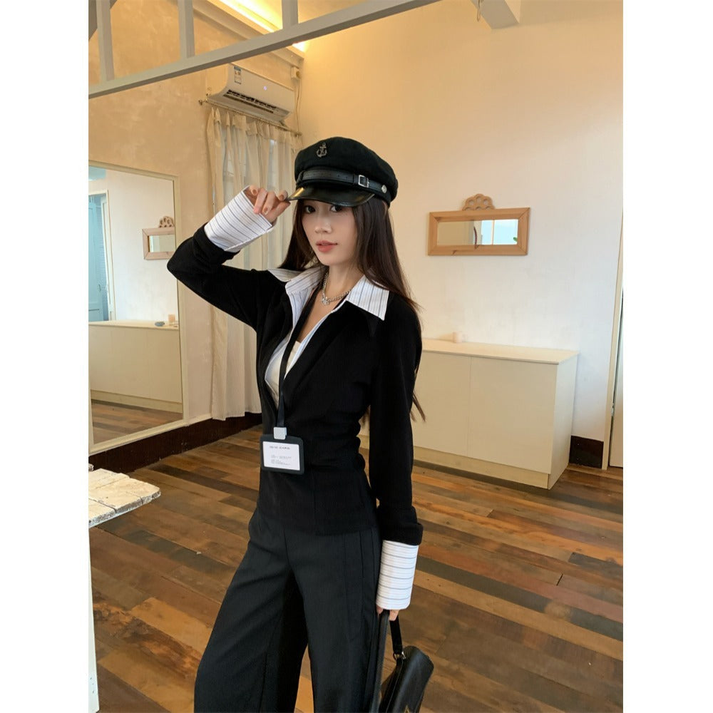 False Two-piece Patchwork Lapel Knitwear Female Winter Coat