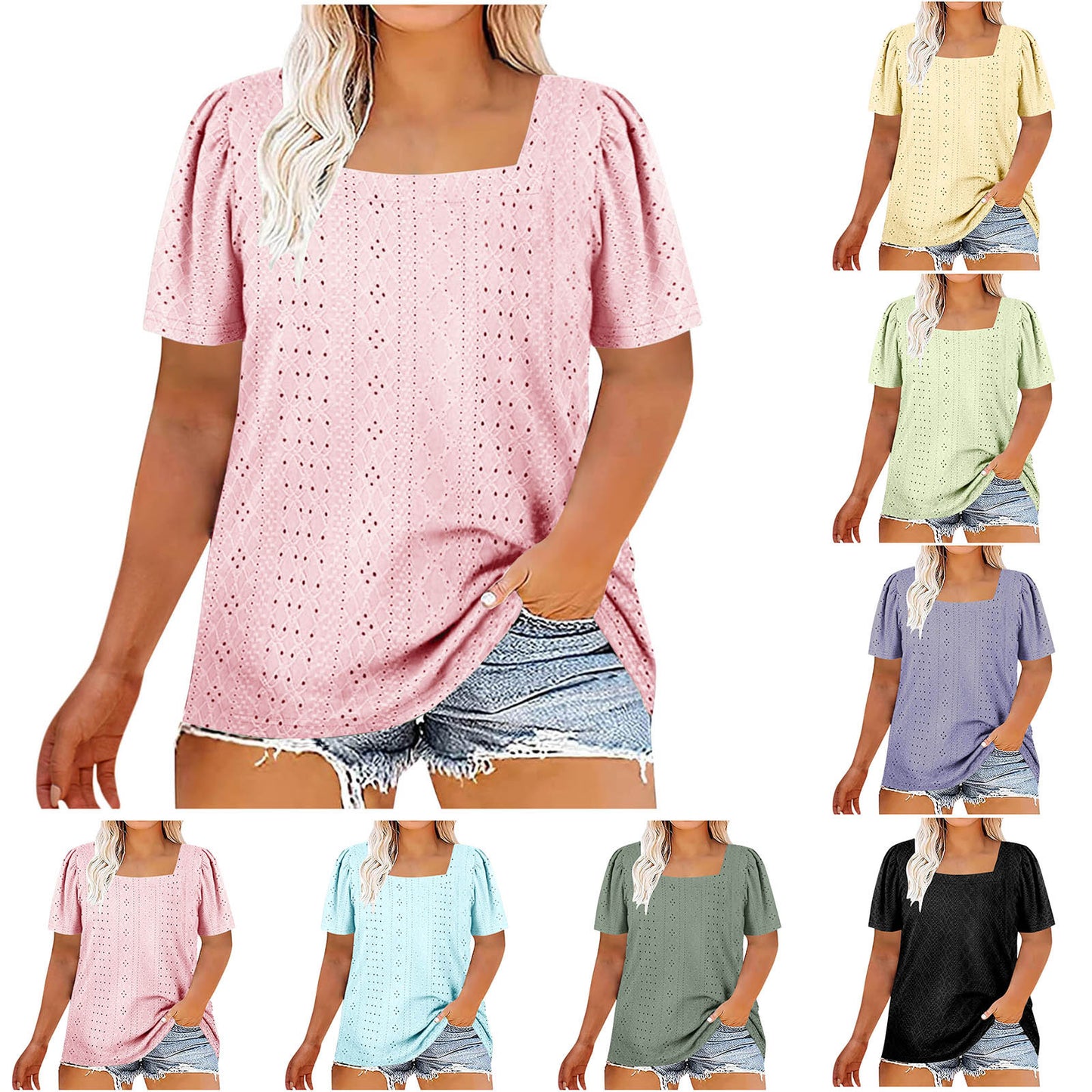 Casual U-neck Solid Color Hollow Loose-fitting T-shirt Top