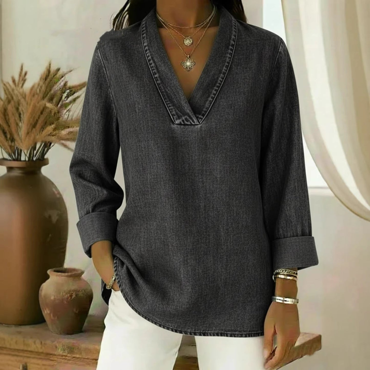 Three-quarter-sleeve Vintage Polo-collar Long-sleeve Shirt