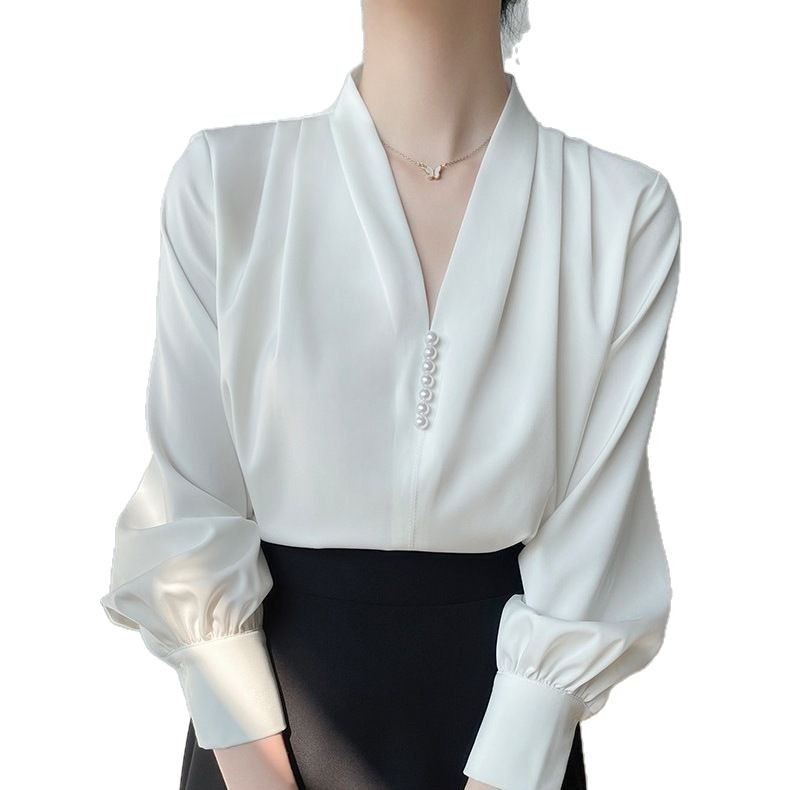 Dame V-hals Chiffon Langærmet Skjorte i Polyester