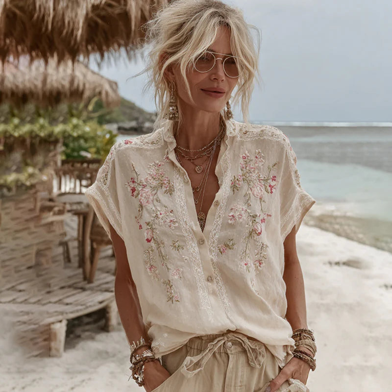 Women's Vintage Romantic Floral Print V-Neck Top