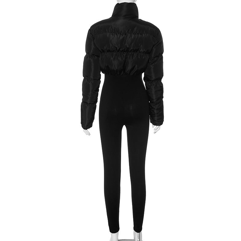 Fashion Stretch Pure Color Tight Zipper Thermal Cotton Suit One-piece Trousers
