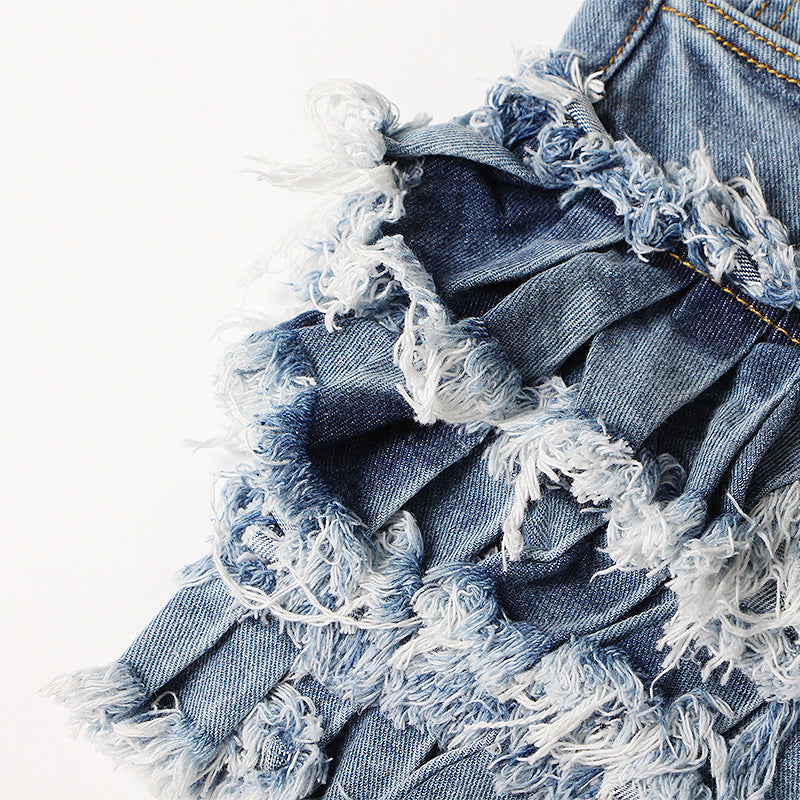 New Fashion Temperament Sexy One Buckle Fringed Ears High Waist Denim Shorts Women