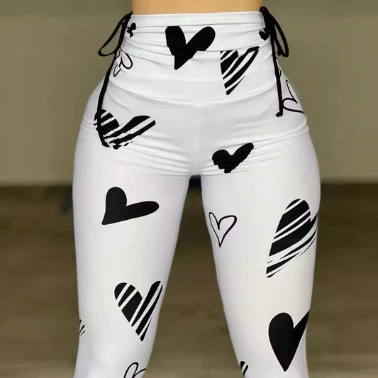 Leggings med snøre, hjerteprint, til yoga, sport, hiphop og fitness