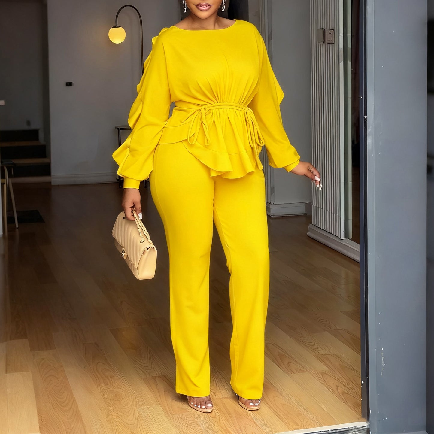 Ruffled Drawstring Long Sleeve Waist-controlled Top Pants