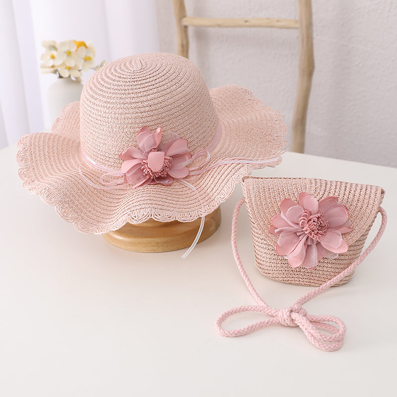 Children's Summer Sunshade Flower Princess Straw Hat Backpack Set