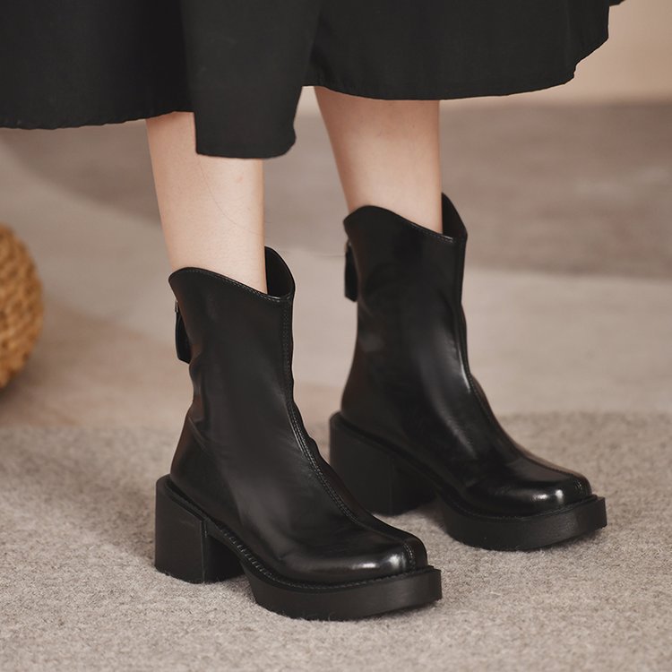 Round Toe Thick Mid Heel Zipper For Comfort