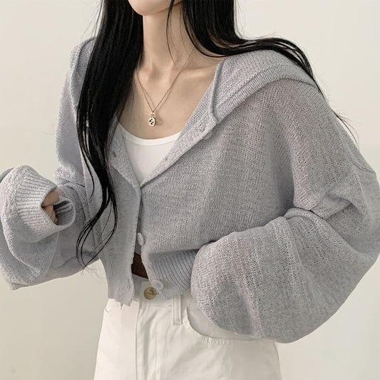 Lazy Style Thin Short Ice Silk Loose Lantern Sleeve Hooded Long-sleeved Cardigan