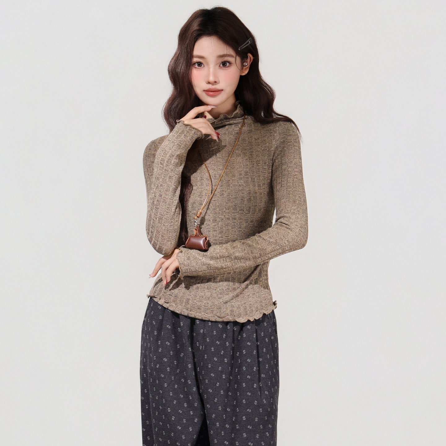 Women's Brown Semi-high Neck Ruffled Waist-cinching Long-sleeved Base Shirt