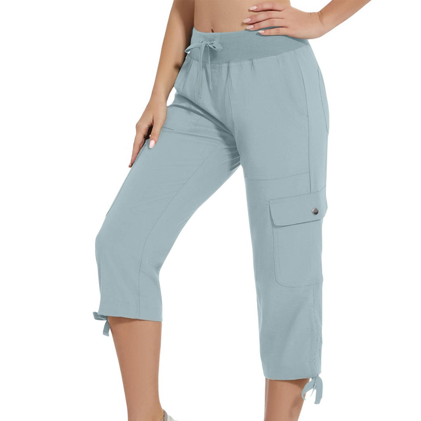 Womens Workwear Cropped Pants With Pockets And Elastic Waistband Stylish And Casual