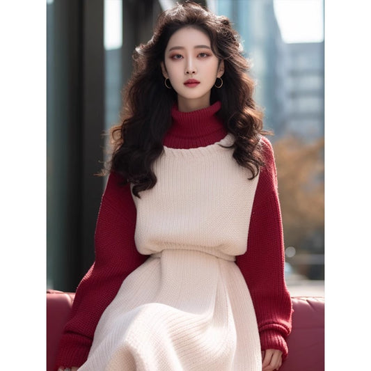 Temperament New Year Red Patchwork Dress Women Autumn Winter